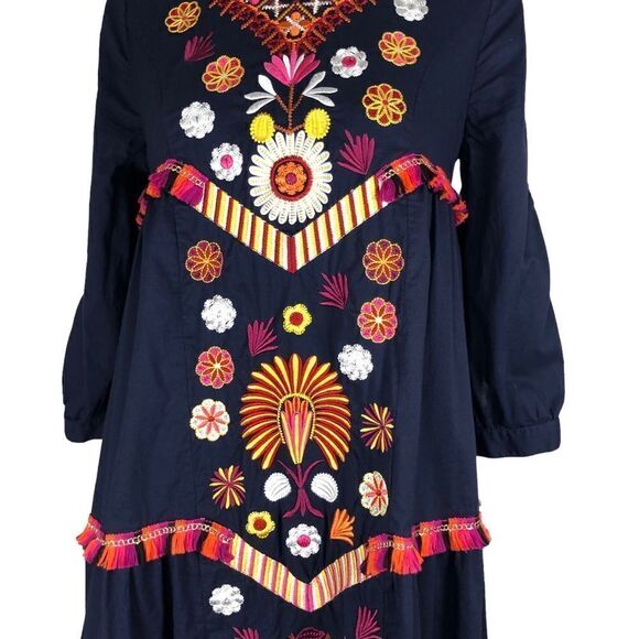Floryday EMBROIDERY Midi Dress Tiered with Tassels Navy Size Small - Picture 6 of 11